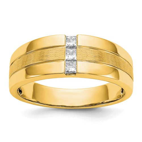 14k men's diamond polished and satin ring, showcasing a sleek jewelry design with sparkling diamonds from Solomon Jewelers.