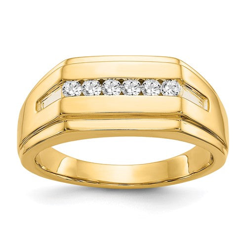 14k gold men's ring featuring six sparkling diamonds, showcasing elegant jewelry craftsmanship from Solomon Jewelers.