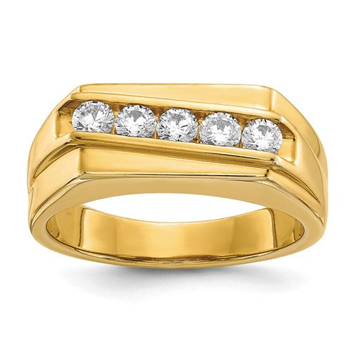 14k gold men's diamond five-stone ring showing a sleek design with sparkling diamonds and a polished gold band.