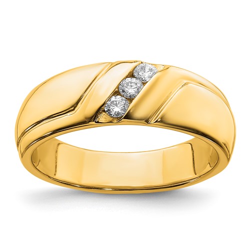 14k gold men's diamond three-stone ring with sparkling diamonds and polished finish, crafted by Solomon Jewelers.