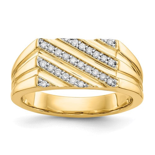 14k gold diamond men's ring featuring a sleek band with sparkling diamonds, crafted by Solomon Jewelers.