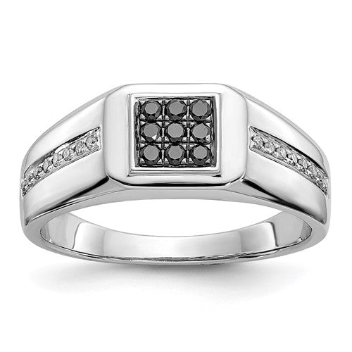 14k white gold men's ring with white and black diamonds, square design, crafted by Solomon Jewelers.