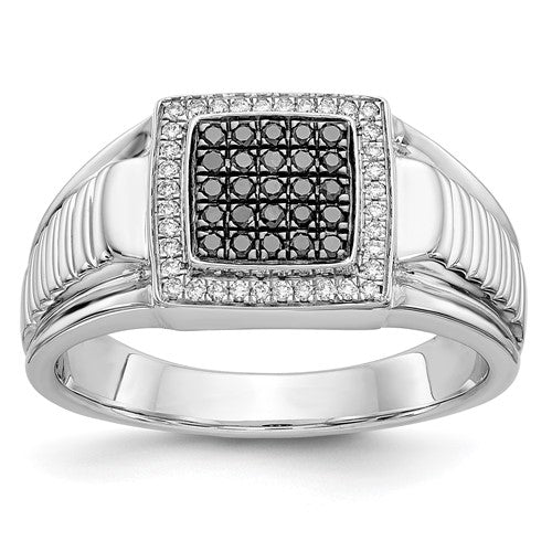 14k white gold men's ring with black and white diamonds, featuring a sleek and elegant jewelry design