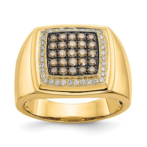 14k gold men's ring with champagne and white diamonds, showcasing elegant jewelry design from Solomon Jewelers