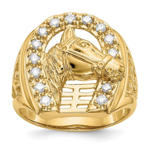 14k men's diamond horseshoe ring with a horse in the center, crafted by Solomon Jewelers, showcasing detailed jewelry design.