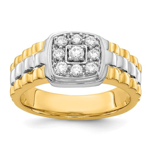 14k two-tone diamond men's ring featuring gold and silver accents, with sparkling diamonds set along the band.