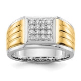 14k two-tone diamond square men's ring featuring a polished design and sparkling diamonds, crafted by Solomon Jewelers.