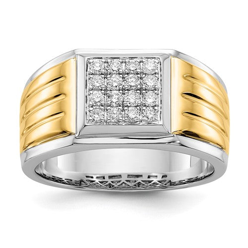 14k two-tone diamond square men's ring featuring a polished design and sparkling diamonds, crafted by Solomon Jewelers.