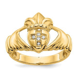 14k yellow gold diamond Claddagh ring featuring 14k AA diamonds, crafted by Solomon Jewelers, showcasing intricate heart and crown design.