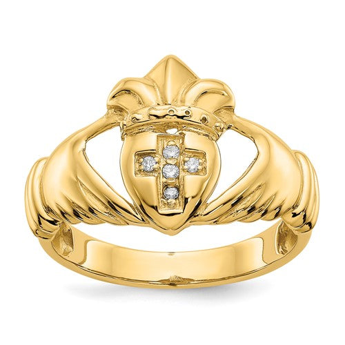14k yellow gold diamond Claddagh ring featuring 14k AA diamonds, crafted by Solomon Jewelers, showcasing intricate heart and crown design.