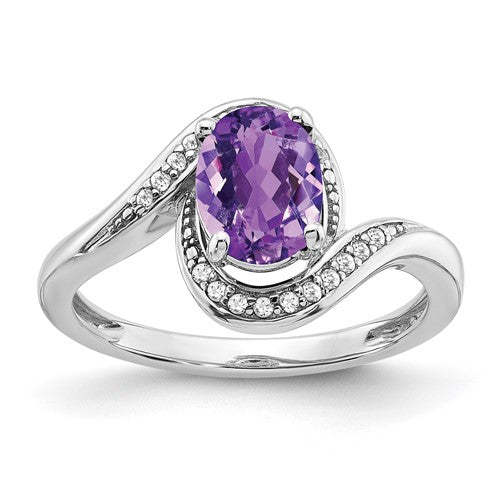 14k white gold oval amethyst and diamond bypass ring, elegant jewelry piece with sparkling stones and intricate design.