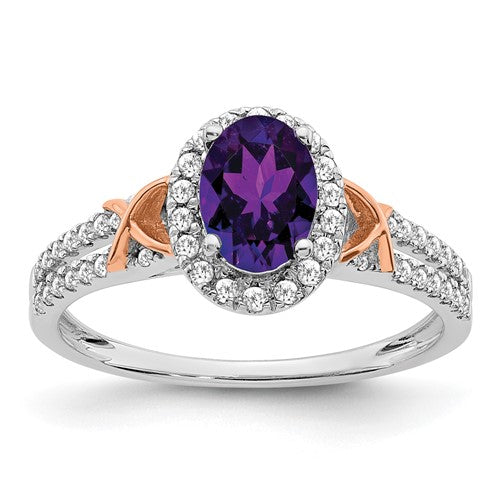 14k white gold ring with purple amethyst centerpiece, diamond halo accents, and pink gold details, jewelry ring from Solomon Jewelers