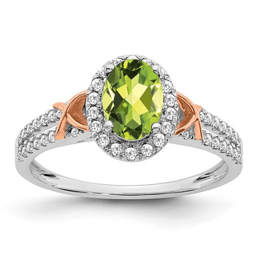 14k white gold ring with peridot and diamond halo accents, featuring pink gold details, jewelry ring from Solomon Jewelers.