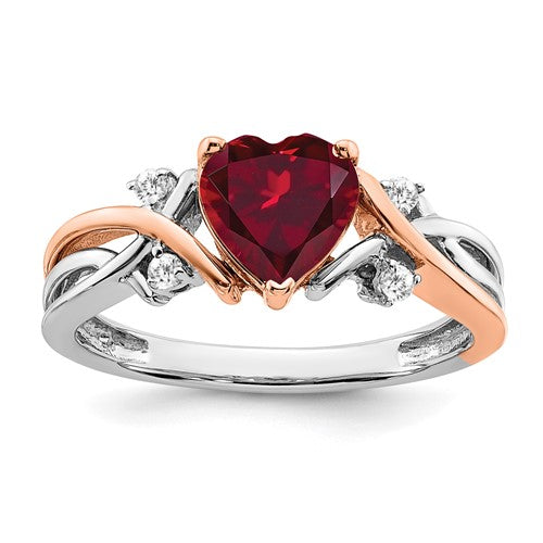 14k two-tone heart-shaped ring with created ruby and diamond accents, crafted by Solomon Jewelers.