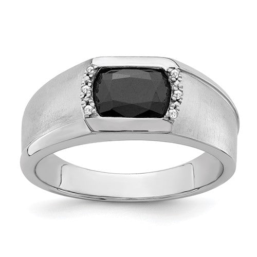 14k white gold men's ring featuring black onyx and diamond accents, elegant jewelry piece by Solomon Jewelers