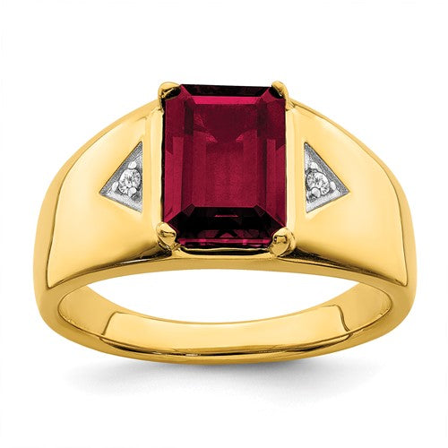 14k emerald-cut created ruby and diamond polished men's ring from Solomon Jewelers, showcasing a sleek gold band with vibrant gemstones.