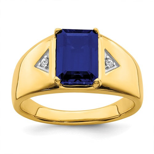 Men's 14k gold sapphire and diamond ring featuring emerald-cut created sapphire and polished finish from Solomon Jewelers.