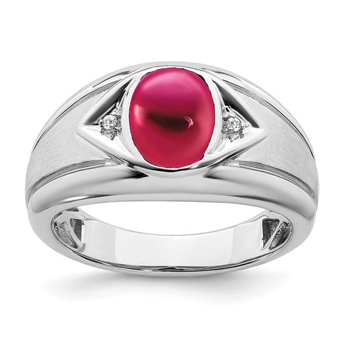 14k white gold men's ring with created ruby and diamond accents, featuring Solomon Jewelers craftsmanship.