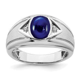 14k white gold men's ring with created sapphire and diamond accents, featuring a sleek, elegant design.