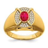 14k gold men's ring with ruby and diamond accents, featuring a sleek design and craftsmanship from Solomon Jewelers.