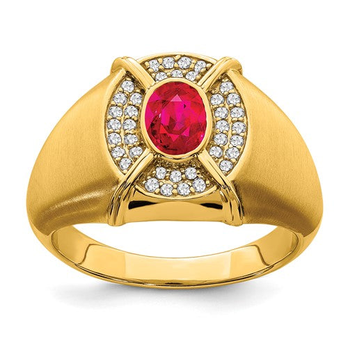 14k gold men's ring with ruby and diamond accents, featuring a sleek design and craftsmanship from Solomon Jewelers.