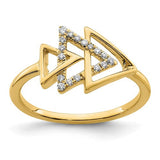 14k gold polished triple triangle diamond ring with sparkling stones, designed by Solomon Jewelers, shown on a white background.