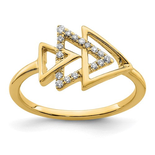 14k gold polished triple triangle diamond ring with sparkling stones, designed by Solomon Jewelers, shown on a white background.