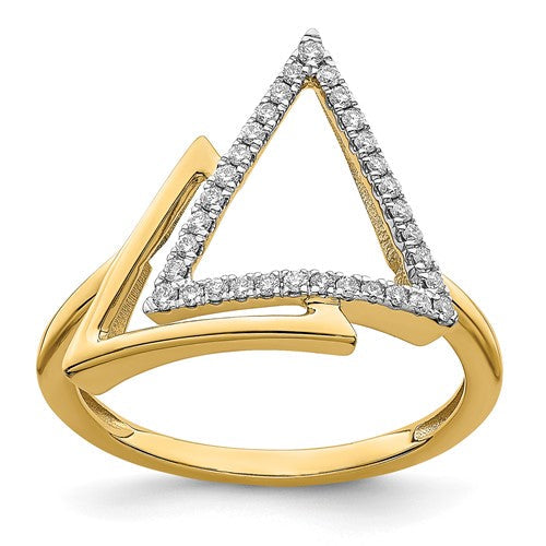 14k polished double triangle diamond ring with sparkling accents from Solomon Jewelers, showcasing elegant jewelry design.