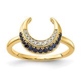 14k polished sapphire and diamond moon ring showcasing a shimmering blue sapphire and sparkling diamonds in a fine jewelry setting