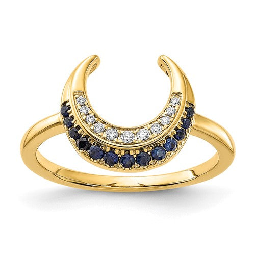 14k polished sapphire and diamond moon ring showcasing a shimmering blue sapphire and sparkling diamonds in a fine jewelry setting