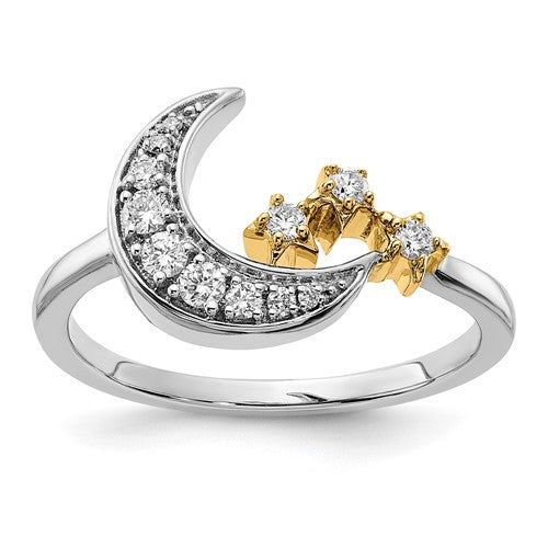 14k two-tone diamond moon and star ring with three star accents, elegant jewelry piece from Solomon Jewelers.