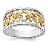 14k two-tone polished fancy squares diamond ring showing a shiny gold and silver design with sparkling diamonds.