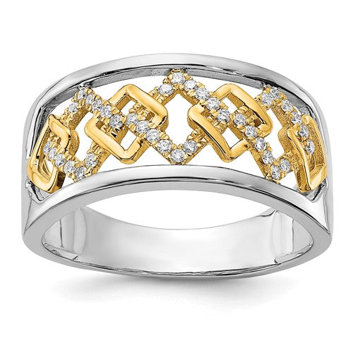 14k two-tone polished fancy squares diamond ring showing a shiny gold and silver design with sparkling diamonds.
