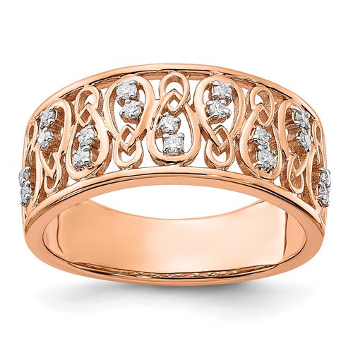 14k rose gold jewelry ring with polished finish and intricate diamond filigree design by Solomon Jewelers.