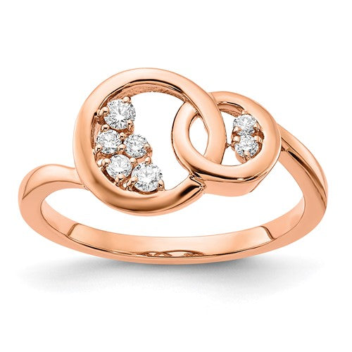 14k rose gold polished diamond double circle ring, elegant jewelry piece with sparkling diamonds and smooth finish.