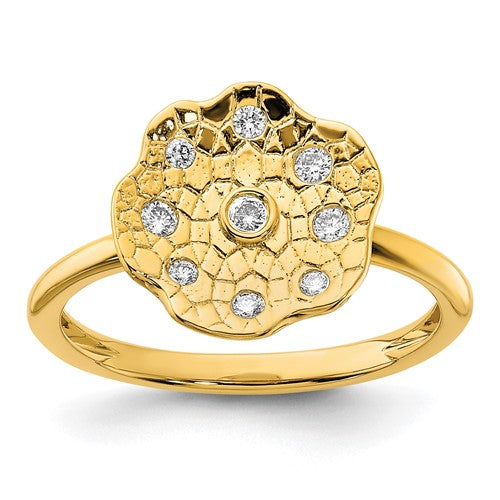 14k polished and textured diamond circle ring, elegant jewelry piece with shimmering accents, crafted by Solomon Jewelers.