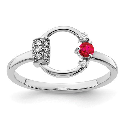 14k white gold diamond and ruby circle ring with polished finish, elegant jewelry piece featuring a sparkling gemstone design.