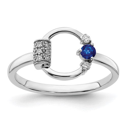14k white gold polished ring with diamond and blue sapphire circle design, elegant jewelry from Solomon Jewelers