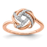 14k rose gold polished diamond love knot ring with sparkling diamonds, elegant jewelry piece from Solomon Jewelers.