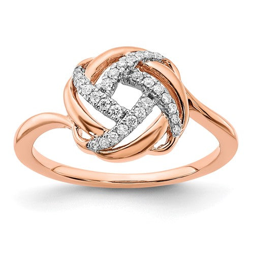 14k rose gold polished diamond love knot ring with sparkling diamonds, elegant jewelry piece from Solomon Jewelers.