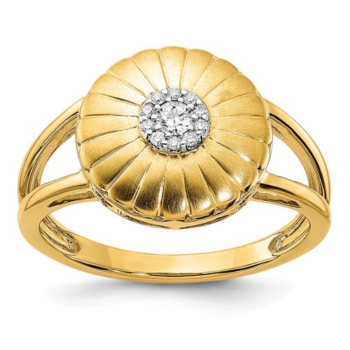 14k satin gold diamond flower ring featuring intricate floral design, crafted by Solomon Jewelers.