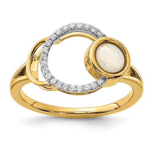 14k polished gold ring featuring diamonds and opal in a circular design, crafted by Solomon Jewelers.