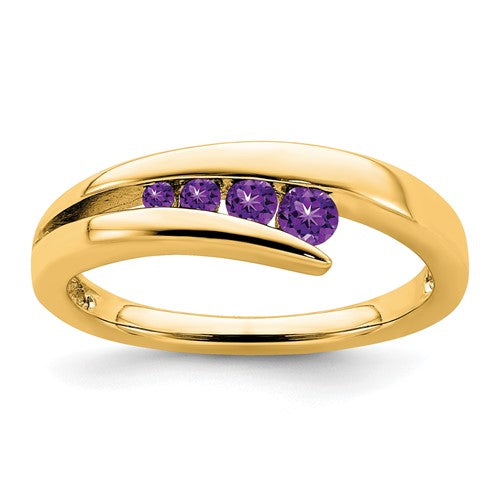 14k gold amethyst 4-stone ring featuring purple gemstones, elegant jewelry ring with a classic design from Solomon Jewelers.