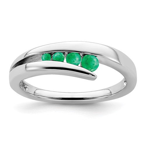 14k white gold emerald 4-stone ring featuring sparkling green gemstones, elegant jewelry piece with intricate band design