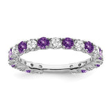 14k white gold amethyst and diamond band ring featuring a central purple gemstone and sparkling accent diamonds.
