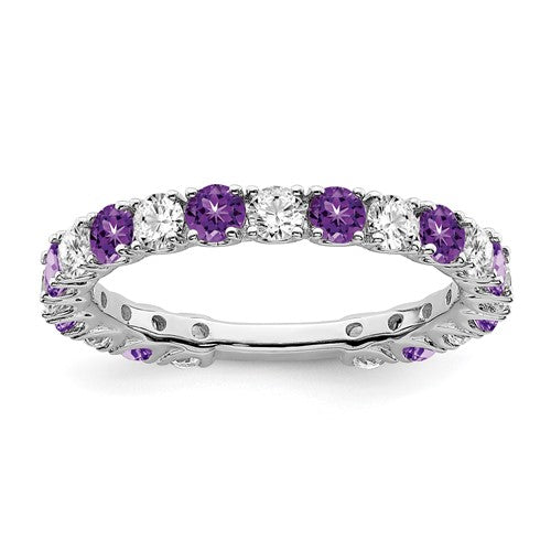 14k white gold amethyst and diamond band ring featuring a central purple gemstone and sparkling accent diamonds.