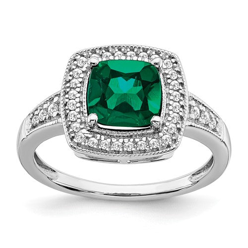 14k-white-gold-cushion-created-emerald-and-diamond-halo-ring-SolomonJeweler-Wichita-KS-CustomJewelry