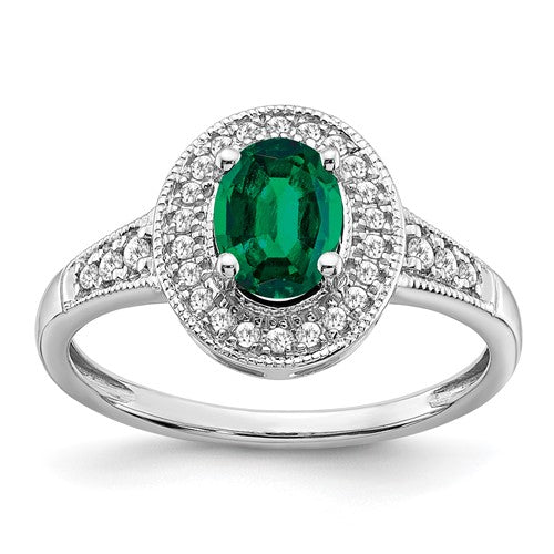 14k-white-gold-oval-created-emerald-and-diamond-halo-ring-SolomonJeweler-Wichita-KS-CustomJewelry