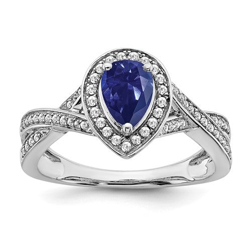 14k white gold pear-shaped created sapphire and diamond halo ring, elegant jewelry piece with sparkling stones.