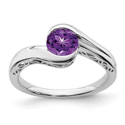 14k white gold amethyst bypass ring featuring a polished purple amethyst gemstone, elegant jewelry design.